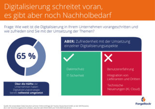 65% haben Digitalisierungsstrategie teilweise umgesetzt, sind aber mit einzelnen Themenbereichen noch unzufrieden (Quelle: ForgeRock)