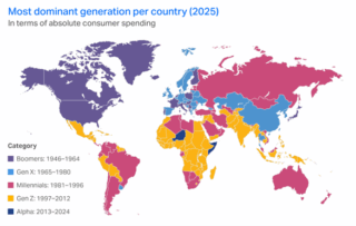 Konsumstärkste Generation nach Ländern im Jahr 2025 – basierend auf absoluten Konsumausgaben. (Quelle: NielsenIQ / World Data Lab)